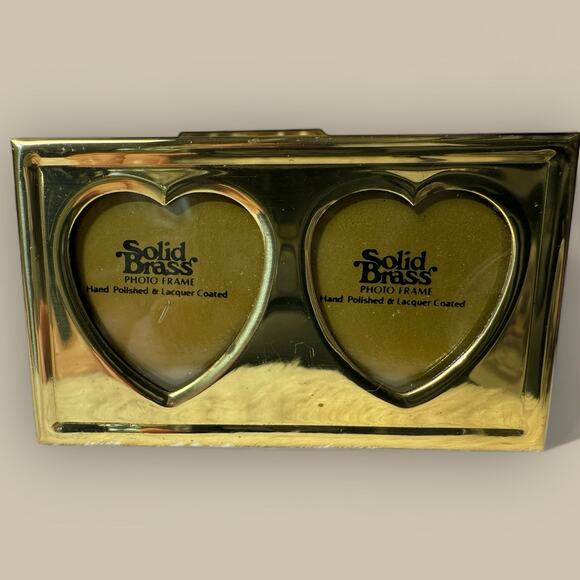 Vtg Double Picture Photo Frame 1.5x2.5 Brass Gold Metal Ornate Heart Shaped Mini - Picture 3 of 3